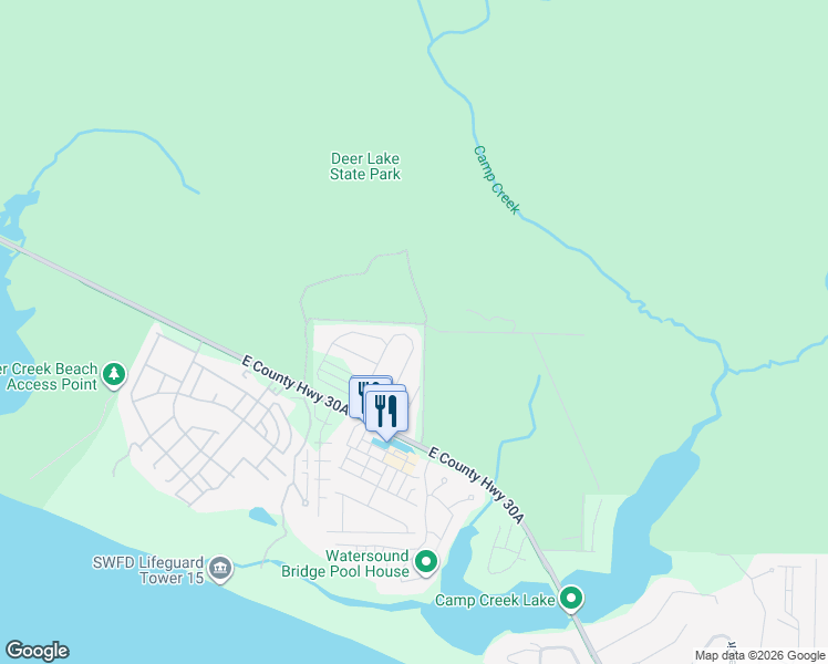 map of restaurants, bars, coffee shops, grocery stores, and more near 128 Pine Lands Loop East in Watersound