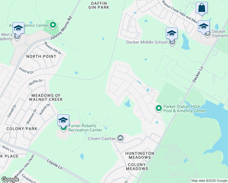 map of restaurants, bars, coffee shops, grocery stores, and more near 7401 Peggie Nell Drive in Austin