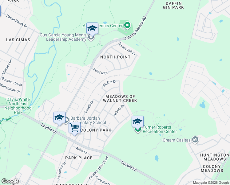 map of restaurants, bars, coffee shops, grocery stores, and more near 7311 Hillcroft Drive in Austin