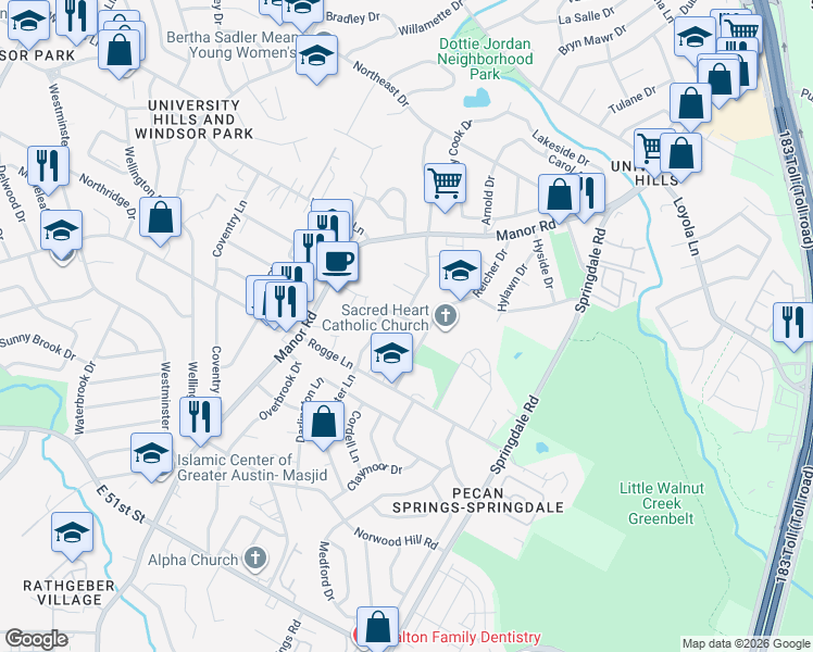 map of restaurants, bars, coffee shops, grocery stores, and more near 3105 Edgedale Drive in Austin