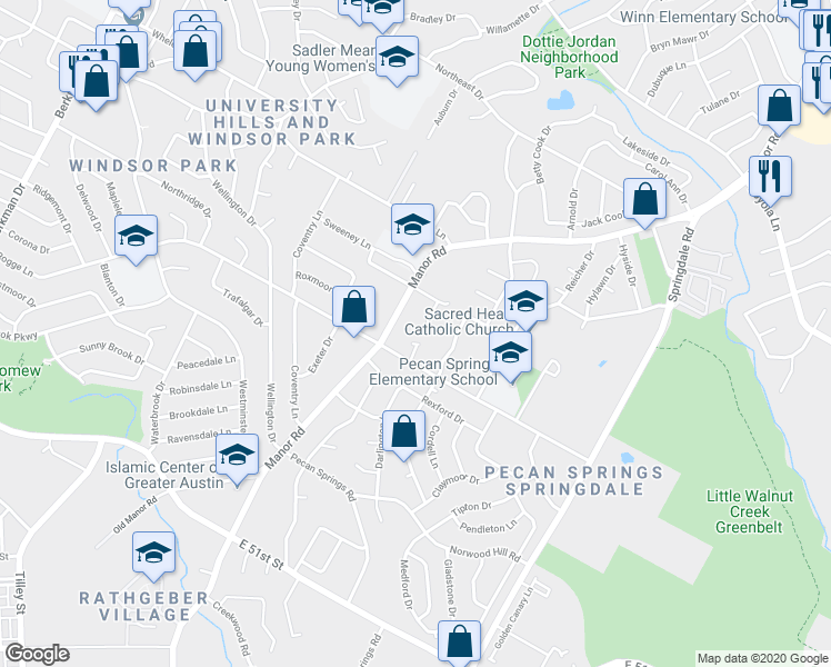 map of restaurants, bars, coffee shops, grocery stores, and more near 3001 Stroud Path in Austin