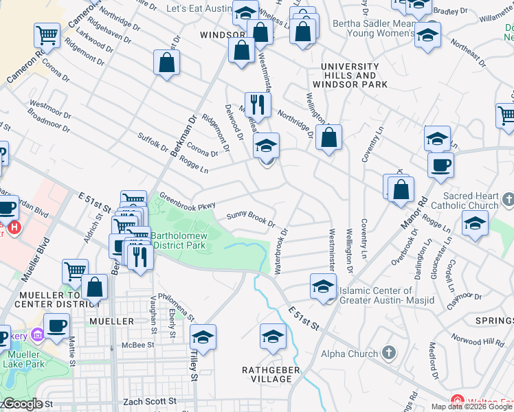map of restaurants, bars, coffee shops, grocery stores, and more near 2001 Sunny Brook Drive in Austin