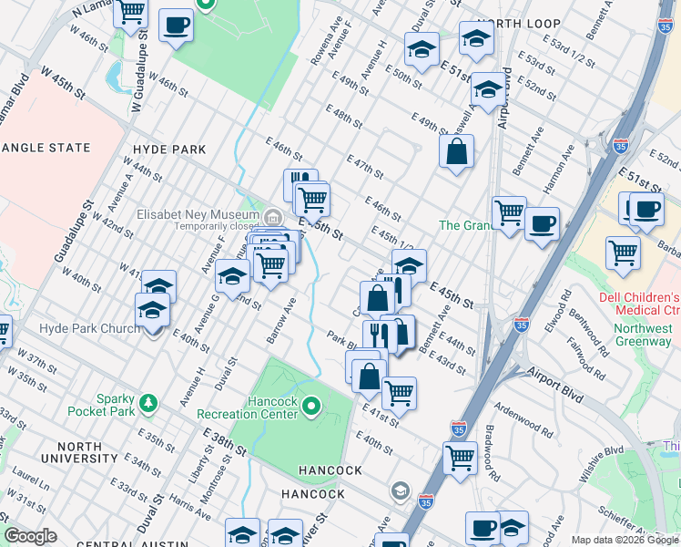 map of restaurants, bars, coffee shops, grocery stores, and more near 4310 Eilers Avenue in Austin