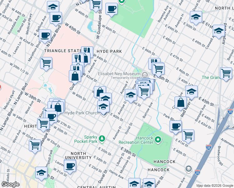 map of restaurants, bars, coffee shops, grocery stores, and more near 4111 Avenue F in Austin