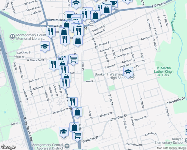 map of restaurants, bars, coffee shops, grocery stores, and more near 624 Crooke Street in Conroe