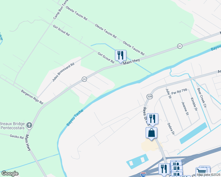 map of restaurants, bars, coffee shops, grocery stores, and more near 1036 Magenta Drive in Breaux Bridge