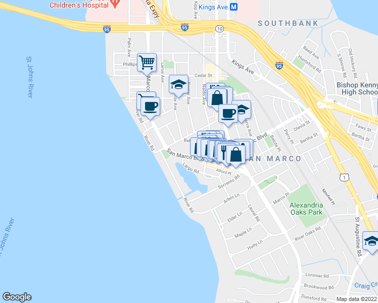map of restaurants, bars, coffee shops, grocery stores, and more near 1898 San Marco Boulevard in Jacksonville