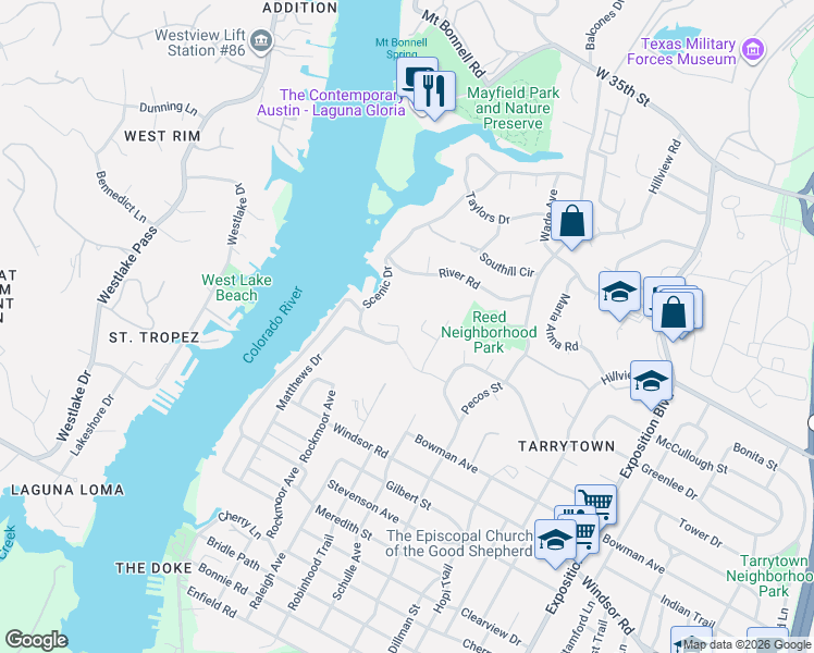 map of restaurants, bars, coffee shops, grocery stores, and more near 2509 El Greco Cove in Austin