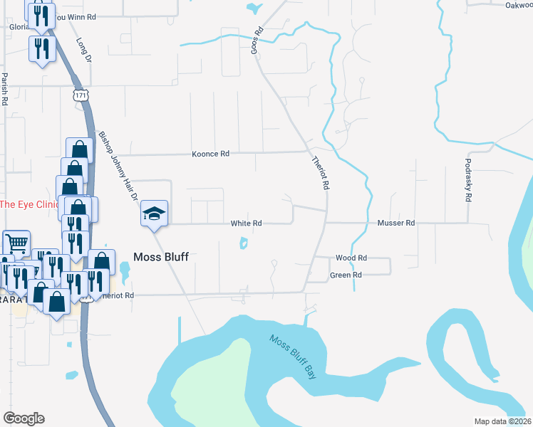 map of restaurants, bars, coffee shops, grocery stores, and more near 830 White Road in Lake Charles