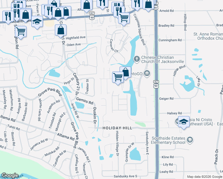 map of restaurants, bars, coffee shops, grocery stores, and more near 2308 Sunset Bluff Drive in Jacksonville