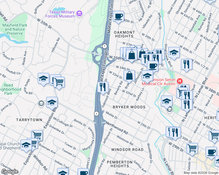 map of restaurants, bars, coffee shops, grocery stores, and more near 3104 Oakmont Boulevard in Austin