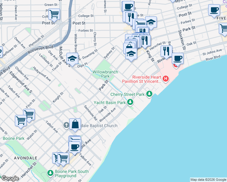 map of restaurants, bars, coffee shops, grocery stores, and more near 2961 Oak Street in Jacksonville