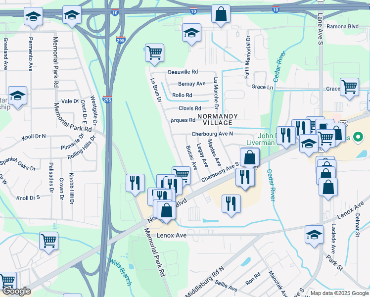 map of restaurants, bars, coffee shops, grocery stores, and more near 1032 Busac Avenue in Jacksonville