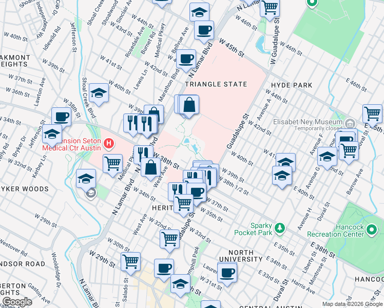 map of restaurants, bars, coffee shops, grocery stores, and more near 800 West 38th Street in Austin