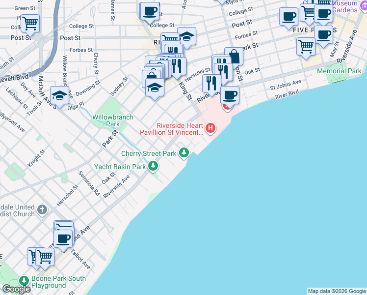 map of restaurants, bars, coffee shops, grocery stores, and more near 2798 St Johns Ave in Jacksonville