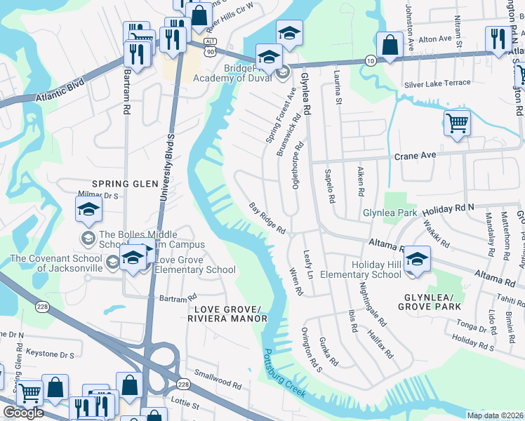 map of restaurants, bars, coffee shops, grocery stores, and more near 6305 Bay Ridge Road in Jacksonville