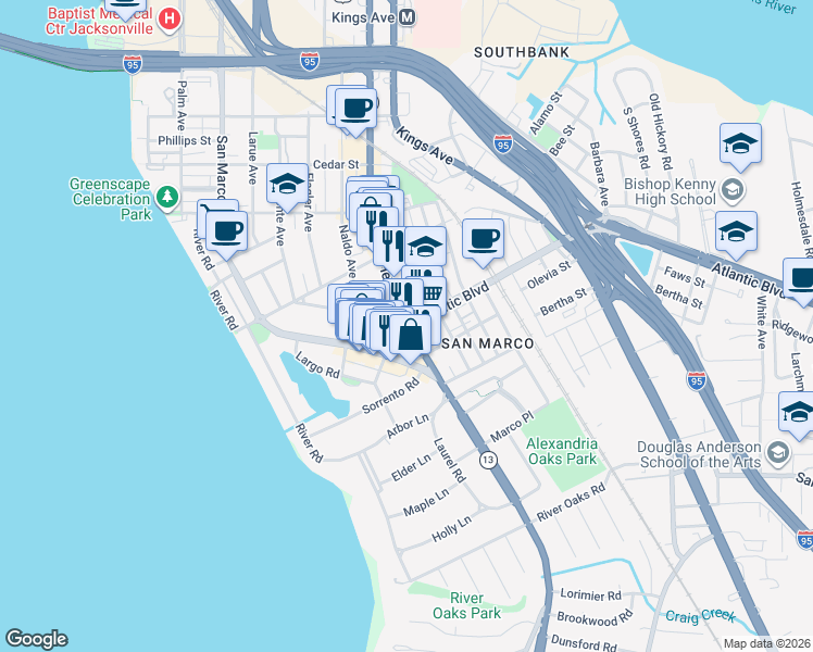 map of restaurants, bars, coffee shops, grocery stores, and more near Hendricks Ave & Atlantic Blvd in Jacksonville