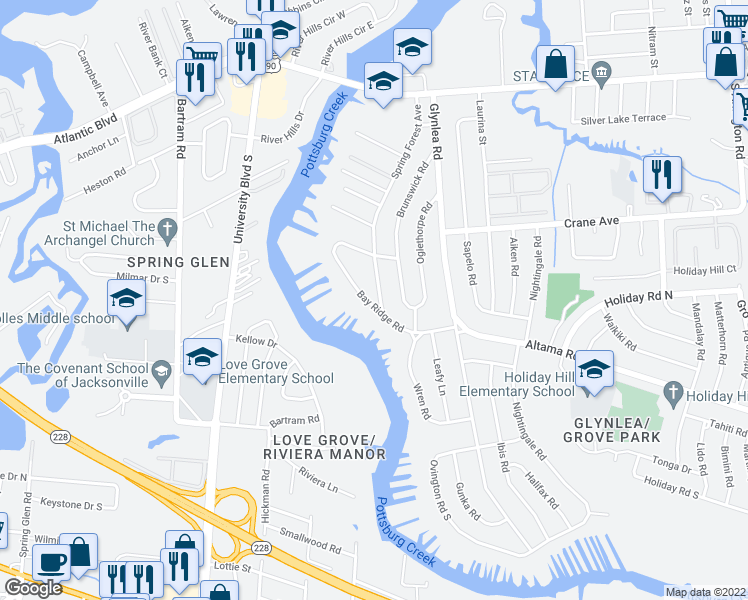 map of restaurants, bars, coffee shops, grocery stores, and more near 6305 Bay Ridge Road in Jacksonville