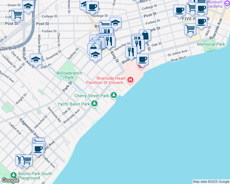 map of restaurants, bars, coffee shops, grocery stores, and more near 1839 Cherry Street in Jacksonville