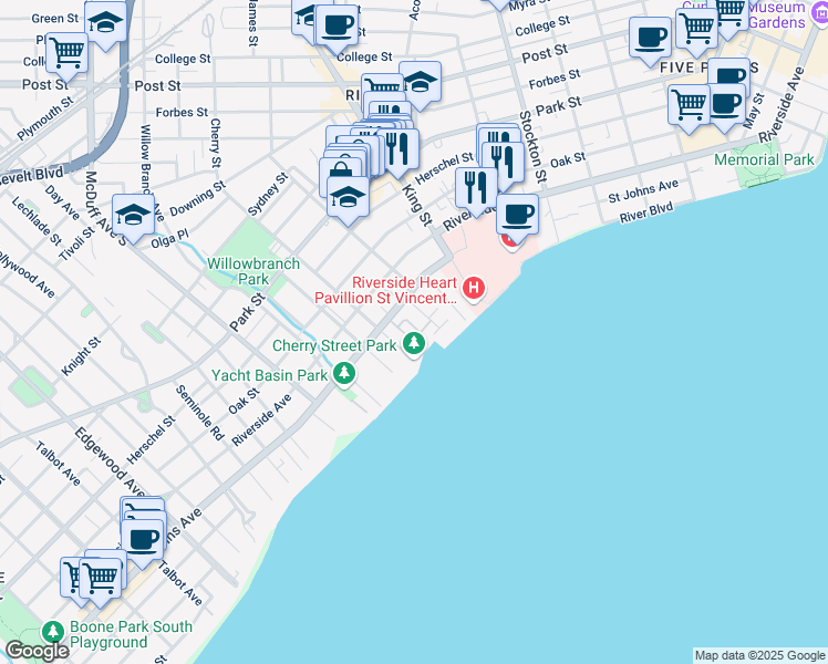 map of restaurants, bars, coffee shops, grocery stores, and more near 1839 Cherry Street in Jacksonville