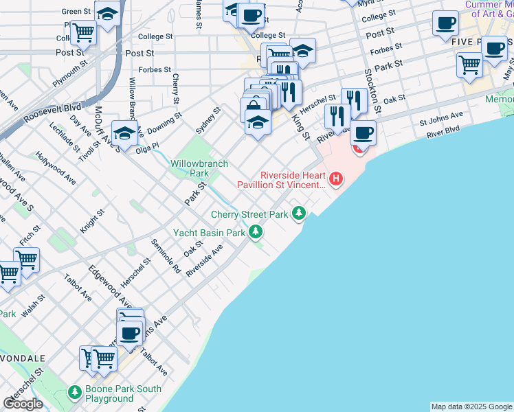 map of restaurants, bars, coffee shops, grocery stores, and more near 2918 Riverside Avenue in Jacksonville