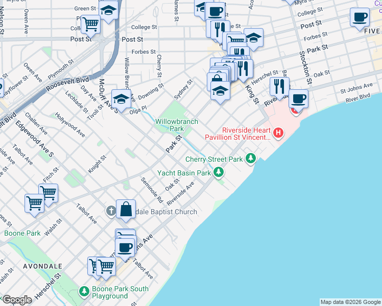 map of restaurants, bars, coffee shops, grocery stores, and more near 2961 Oak Street in Jacksonville