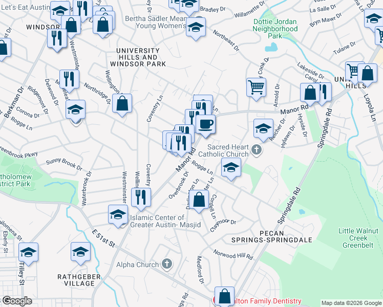 map of restaurants, bars, coffee shops, grocery stores, and more near 5707 Manor Road in Austin