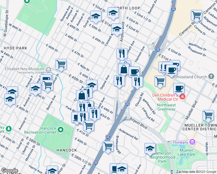 map of restaurants, bars, coffee shops, grocery stores, and more near 4508 Bennett Avenue in Austin