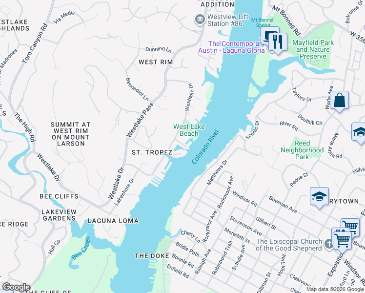 map of restaurants, bars, coffee shops, grocery stores, and more near 2419 Westlake Drive in Austin