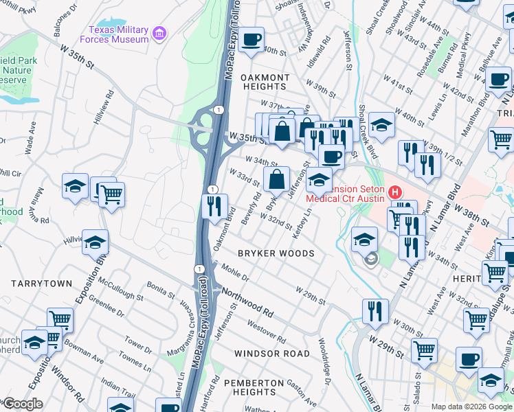 map of restaurants, bars, coffee shops, grocery stores, and more near 1709 West 32nd Street in Austin