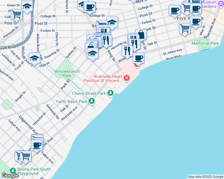 map of restaurants, bars, coffee shops, grocery stores, and more near 1839 Cherry Street in Jacksonville