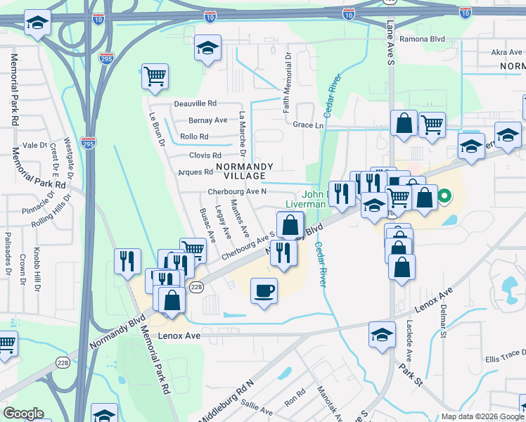 map of restaurants, bars, coffee shops, grocery stores, and more near 1116 La Marche Drive in Jacksonville