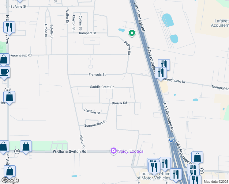 map of restaurants, bars, coffee shops, grocery stores, and more near 301-375 Breaux Road in Lafayette