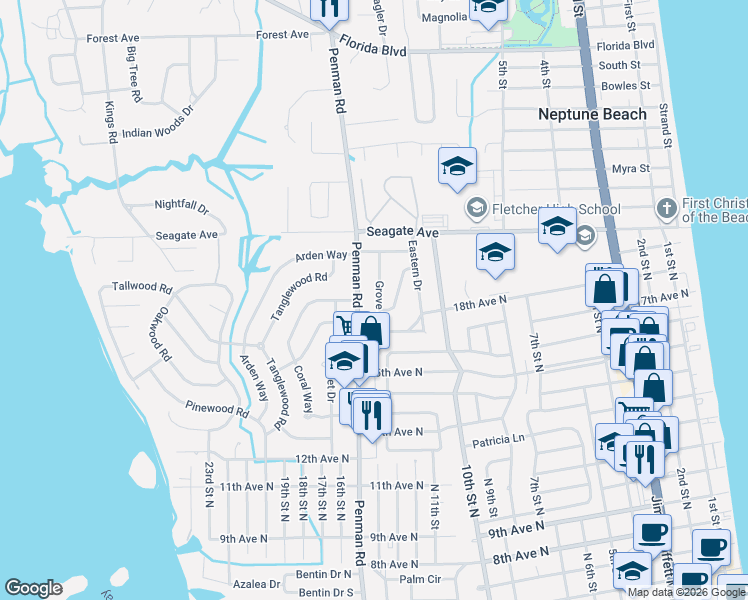 map of restaurants, bars, coffee shops, grocery stores, and more near 1815 Penman Road in Jacksonville Beach