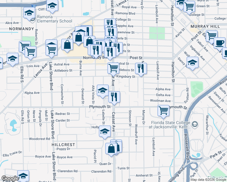 map of restaurants, bars, coffee shops, grocery stores, and more near Cassat Avenue & Alpha Avenue in Jacksonville