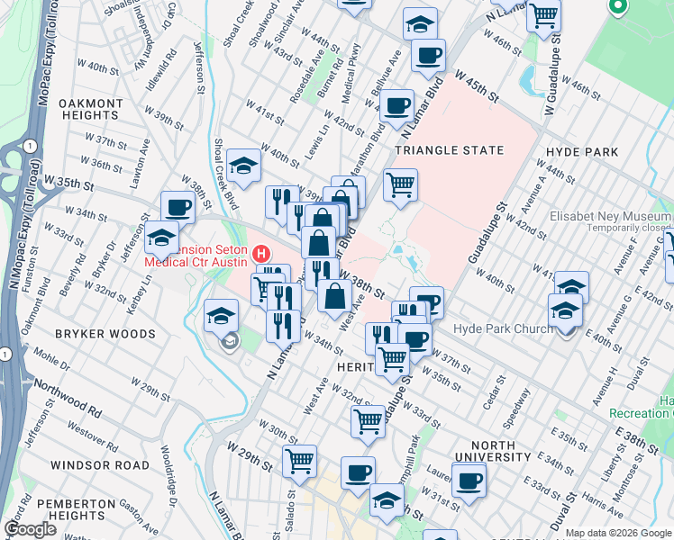 map of restaurants, bars, coffee shops, grocery stores, and more near 970 W 38th St in Austin