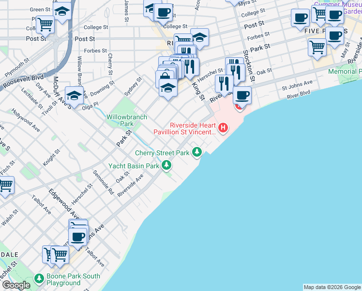map of restaurants, bars, coffee shops, grocery stores, and more near 2842 Saint Johns Avenue in Jacksonville