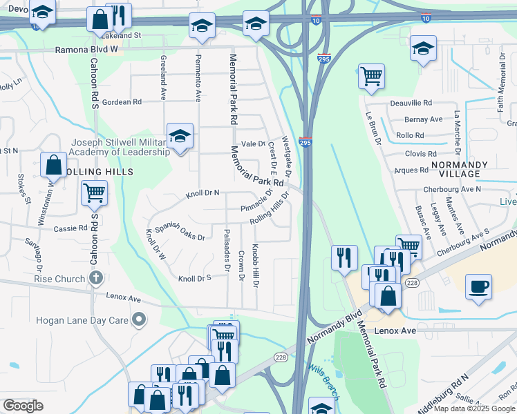 map of restaurants, bars, coffee shops, grocery stores, and more near 7641 Rolling Hills Drive in Jacksonville