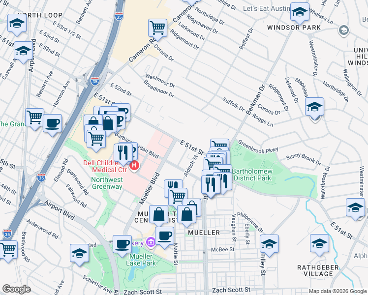 map of restaurants, bars, coffee shops, grocery stores, and more near 1500 Barbara Jordan Boulevard in Austin