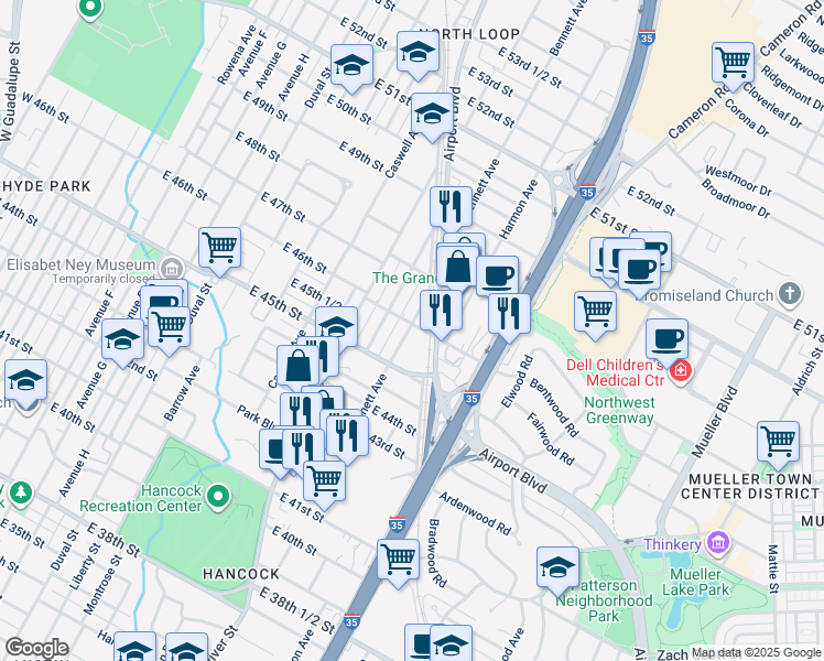 map of restaurants, bars, coffee shops, grocery stores, and more near 4508 Bennett Avenue in Austin