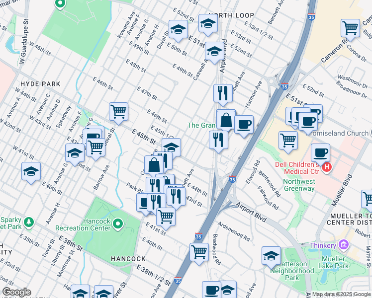 map of restaurants, bars, coffee shops, grocery stores, and more near in Austin