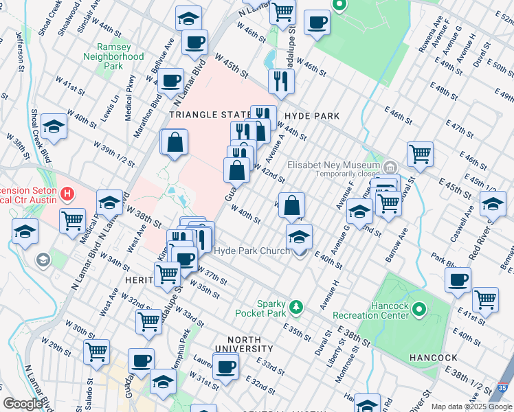 map of restaurants, bars, coffee shops, grocery stores, and more near 4002 Avenue C in Austin