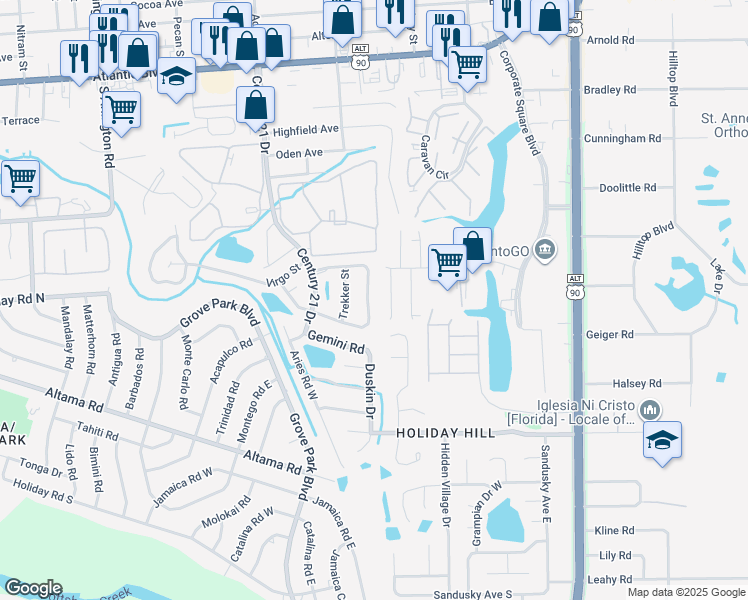 map of restaurants, bars, coffee shops, grocery stores, and more near 735 Century Point Drive East in Jacksonville