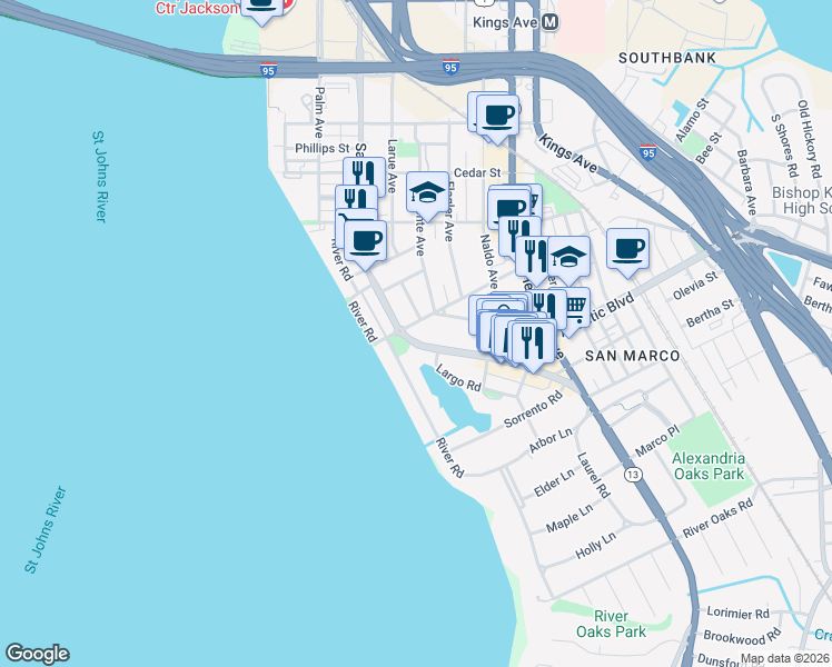 map of restaurants, bars, coffee shops, grocery stores, and more near 1840 San Marco Boulevard in Jacksonville