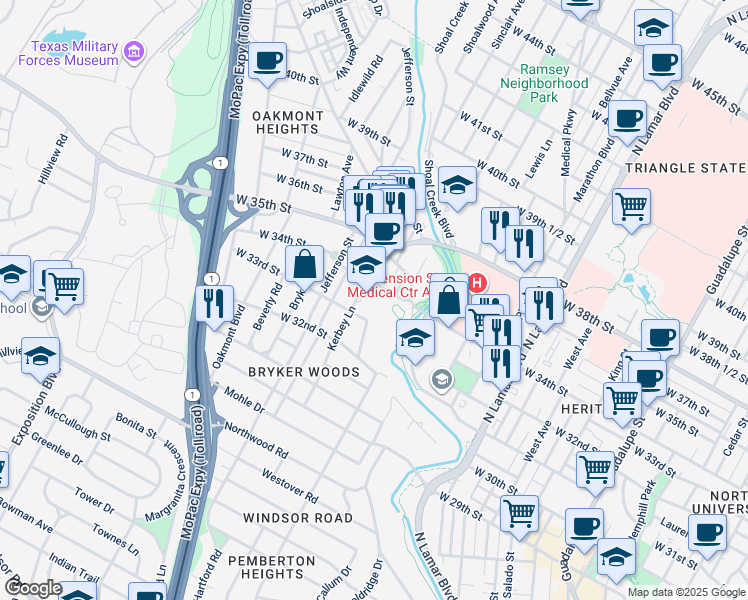 map of restaurants, bars, coffee shops, grocery stores, and more near 3309 Kerbey Lane in Austin