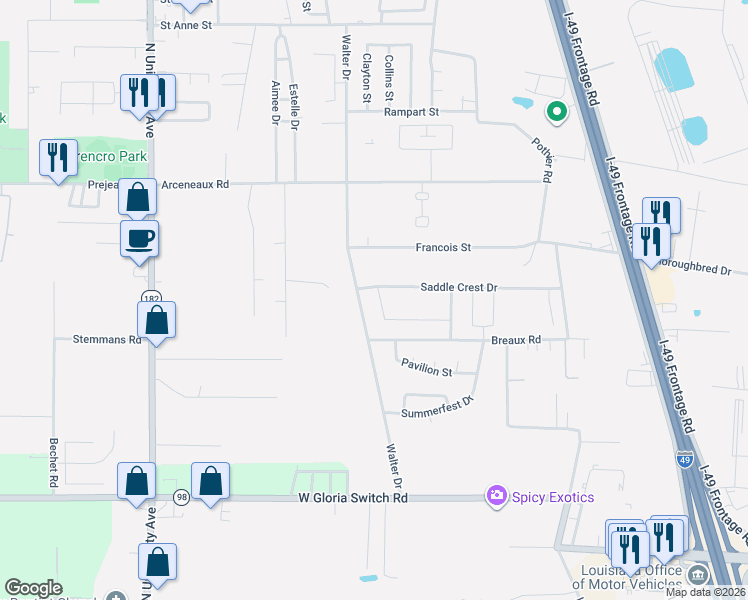 map of restaurants, bars, coffee shops, grocery stores, and more near 433 Walter Drive in Lafayette