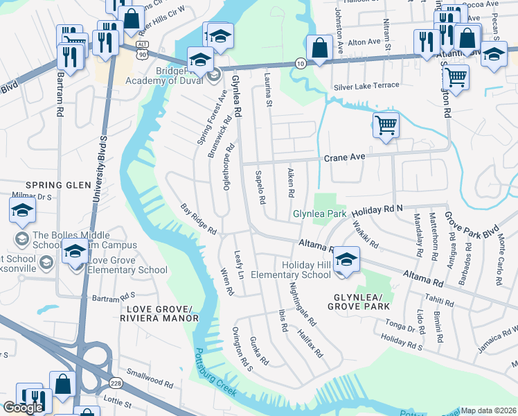 map of restaurants, bars, coffee shops, grocery stores, and more near 647 Glynlea Road in Jacksonville