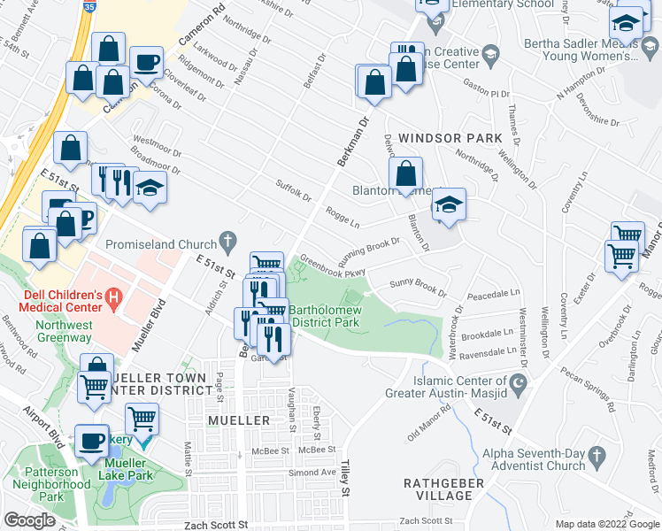 map of restaurants, bars, coffee shops, grocery stores, and more near 1805 Broadmoor Drive in Austin