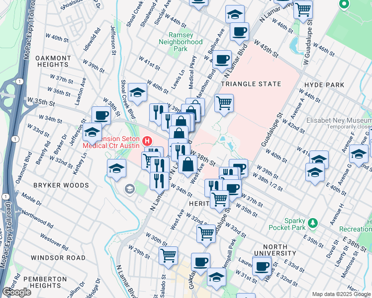 map of restaurants, bars, coffee shops, grocery stores, and more near N Lamar Blvd & W 38th St in Austin