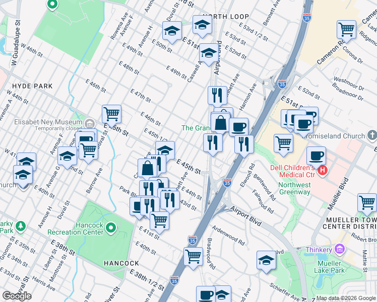 map of restaurants, bars, coffee shops, grocery stores, and more near 4508 Bennett Avenue in Austin